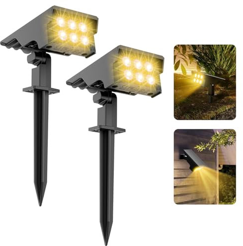 MEIKEE Spot Solaire Exterieur - 6 LED 3000K Blanc Chaud, 3 Niveaux de Luminosité + 3 Modes d'Eclairage Réglables, Étanche IP65, Lampe Solaire à Détecteur de Lumière pour Jardin Cour Chemin, Lot de 2