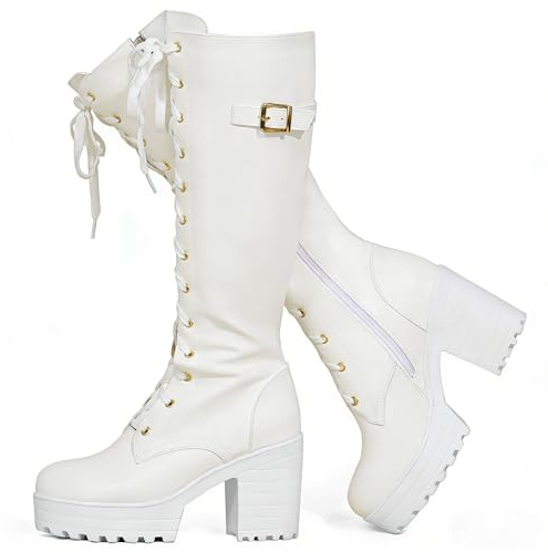 Voviggiw Modische Plateau-Stiefel für Damen, kniehoch, Schnürstiefel, klobiger Absatz, mit Schnalle, seitlichem Reißverschluss, Bikerstiefel, weiß, 40 EU