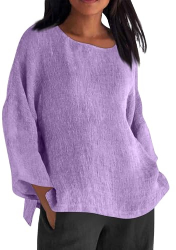 Camiseta Mujer Lino Algodón Manga Largo Camisa Blusa Ligero Verano Moda Casual Color Sólido Cómodo Suelto Cuello Redondo Tops T-Shirt Elegante Basic tee Talla Grande Transpirable