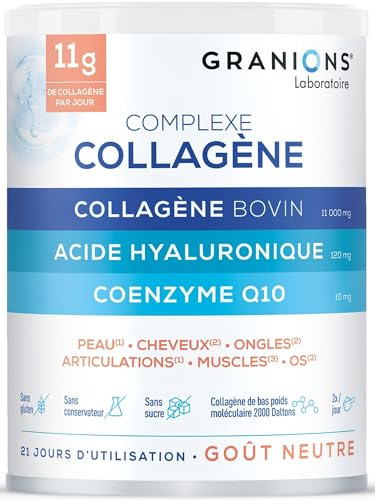 GRANIONS Complexe Collagene et Acide Hyaluronique - GRANIONS Collagène N°1 en Pharmacies - Coenzyme Q10 + Vitamine C + Selenium - Action 6 en 1 - Poudre - Goût Neutre 21 Jours