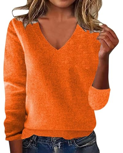 Pulls en cachemire confortables pour femmes, col en V, automne 2025, décontractés, classiques, coupe ajustée, pull basique, léger, chaud, Orange, M
