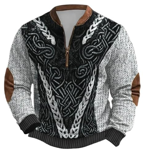 RUMAOZIA Jersey vikingo para hombre al aire libre con media cremallera, sudadera de forro polar, mitología nórdica, tatuajes vikingos, sudadera suave y cálida, suéter de trabajo sin capucha, gótico