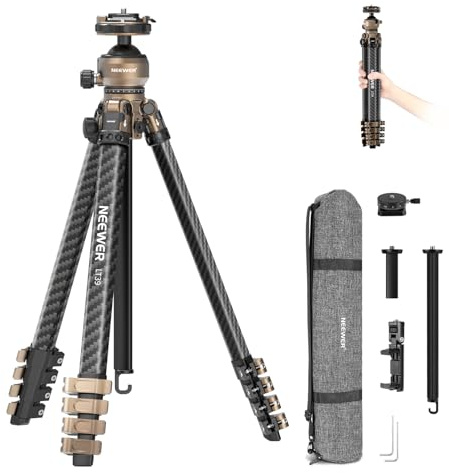NEEWER LITETRIP Carbon Fiber Travel Tripod with Pan Tilt Low Profile Ball Head,62.4 DSLR Camera Phone Holder Stand Compatible with PD V3 Plates iPhone, 2 Center Columns,Max Load 22 lb, LT39