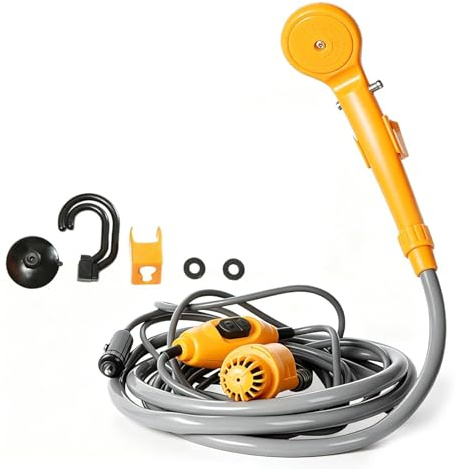 Doccia portatile da campeggio, 12 V, per campeggio, presa accendisigari, per esterni, con pompa a immersione e soffione, doccia per esterni, per auto, roulotte, camper