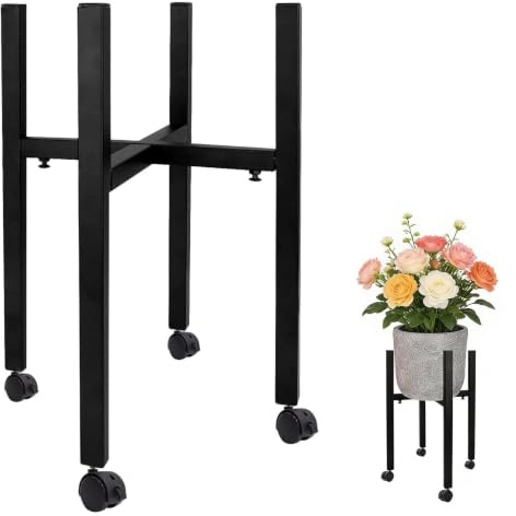 Aarcyye Estantería de metal para plantas, taburete ajustable, soporte para plantas, soporte para flores, soporte de metal negro, soporte para macetas ajustable, con 4 ruedas, para casa interior y