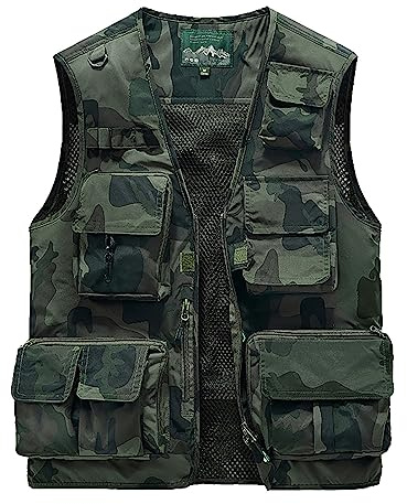 Generisch Chaleco para hombre al aire libre Safari Pesca Trabajo Camuflaje Táctico Fotografía Deportes Perros Sin Mangas Chaleco de Caza con Múltiples Bolsillos Camuflaje Camping Chaleco funcional