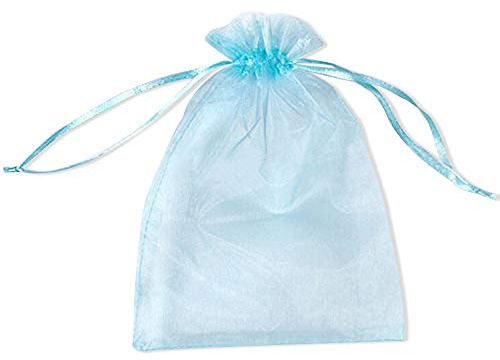 PLECUPE 100 st 16 x 22 cm (6,3 x 8,7 tum) genomskinliga organza-väskor med dragsko, pärlsmycken, nätgarn, chiffong, omslagsband, balfickor för bröllopssmycken, godispaket – blå #3