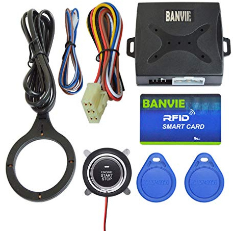 BANVIE Car RFID Alarm System Push to Engine Start Stop Button for Security Anti-Thief (Blue RFID Key)