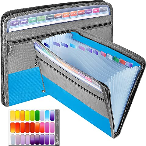 Carpeta de Archivos Extensible, 13 Bolsillos para Archivar Documentos A4 Carpeta de Acordeón Organizador de Archivos Expandible con Cremallera, Organizador de Documentos Portátil con Etiquetas
