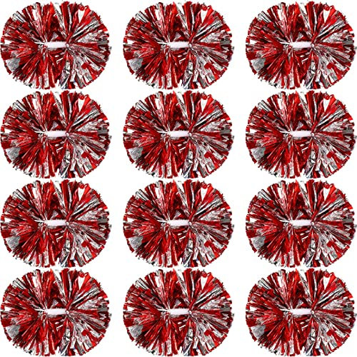 Hoteam 12 Pack Cheerleading Pom Poms Cheer Pompoms with Baton Handle Metallic Foil Pompoms for Adult for Team Sports Party Dance Cheering Squad Accessories, 14 Inch (Red and Silver)