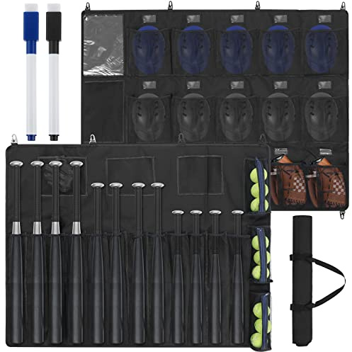 Woanger 15 Player Dugout Organizer and 12 Hanging Bat Bag Caddy Hanging Baseball Helmet Bag Baseball Bat Holder with Black and Blue Dry Erase Marker to Organize Equipment Gloves Balls(Black)