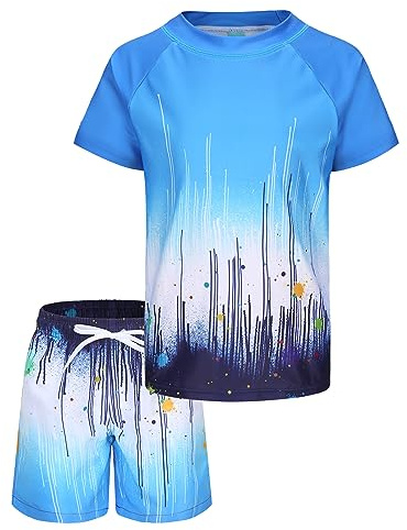 Boys Swim Set Short Sleeve Rash Vest Kids Two Piece Swimming Costume with Board Shorts Boys Rash Guard Swimsuit Age 13-14 Years