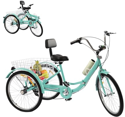 Chynalys 24 Zoll Klappbares Dreirad für Erwachsene Dreirad mit Wassertassenhalterung und Scheinwerfer, Modern Fahrrad mit Korb V-Bremse vorne, 7-Gang Kohlenstoffstahl Dreirad mit LED, Türkis