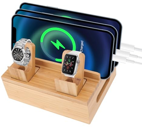 Station De Charge en Bois, Station d'accueil De Bureau pour Plusieurs Appareils avec Support De Station De Charge à 5 Ports pour Téléphones Tablettes Montres électroniques(Naturel)