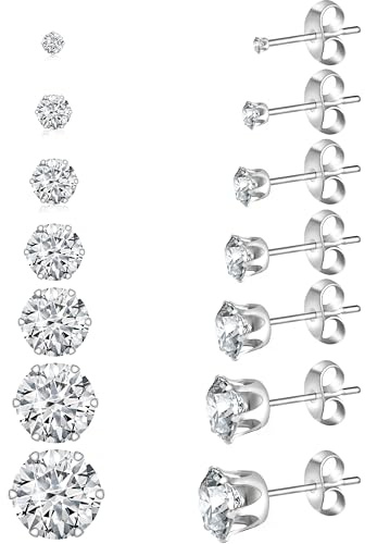 Yiorxu Set di 7 paia di orecchini in acciaio chirurgico - Titanio dorato e argentato - Per donna - 2-8 mm - Con pietre di zirconia - Ipoallergenici - Per cartilagine del tragus - Regalo, seven sizes
