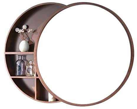 Gabinete de almacenamiento redondo montado en la pared con espejo de baño, armario de almacenamiento con estante, puerta corredera, armario de almacenamiento de madera maciza (color nogal, 50 cm)