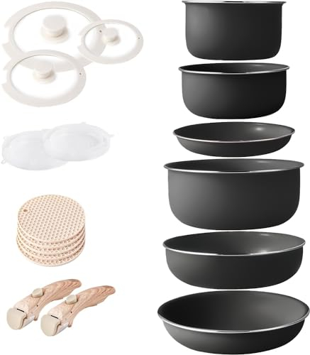 RIOVARM Induktion Töpfe und Pfannen Set mit abnehmbaren Griffen, Antihaft Granit Stapelbar Kochgeschirr-Set mit Silikon Deckeln, Platzsparend Topf- & Pfannensets ohne PFOA, Bratpfanne, Casseroles
