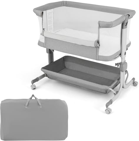 COSTWAY Culla Neonato con Matterasso, Culla Next to Me Piechevole con Altezza Regolabile a 6 Livelli, Lettino Bambino con Mensola Portaoggetti, Borsa da Trasporto, per Bambini 0-6 Mesi (Grigio Chiaro)