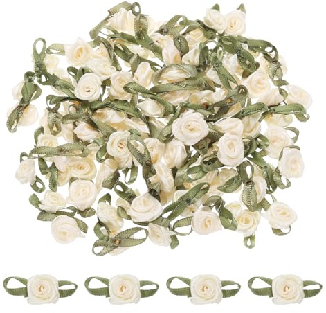 QUARKZMAN 100Pz Mini Rose Finte Beige 1.5x3cm Fiori Artificiali Mini Rose Nastro Fiori Finti per Decorazioni per Artigianato Piccole in Raso Fiocchi