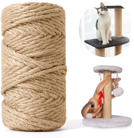 Sisal Rope for Cat Scratcher 164FT/50M, 6MM Thick Natural Jute Rope for Scratch Posts Cat Tree Rope Twine for Cat Scratching Post Replacement Repairing DIY Projects Gardening (Brown)