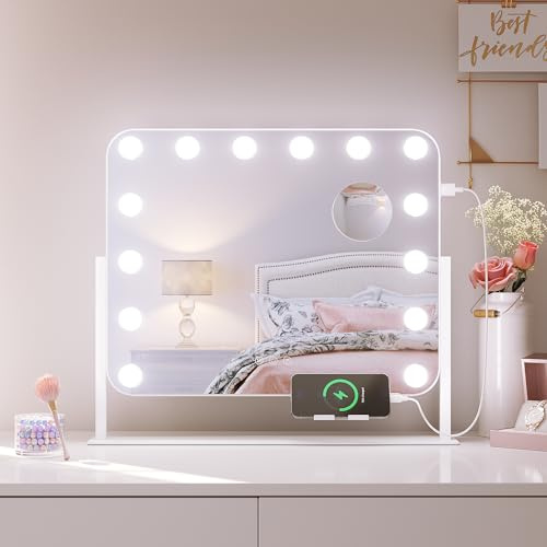 SONNI Hollywood Sminkspegel med mobiltelefonhållare och USB-laddningsport, 14 LED, 3 justerbara färgtemperaturer, 360° roterbar, vit spegel, 50 x 40 cm, med förstoringsglas