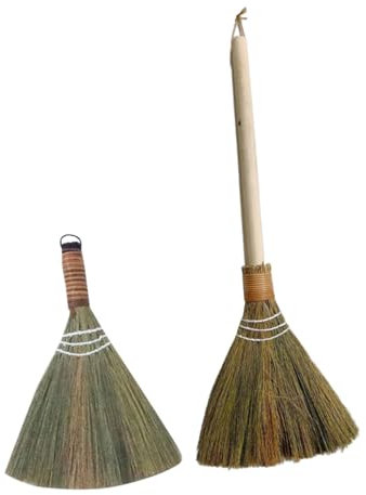 Handmade Woven Cleaning Broom 2pcs Wood Miscanthus Detachable Handle
