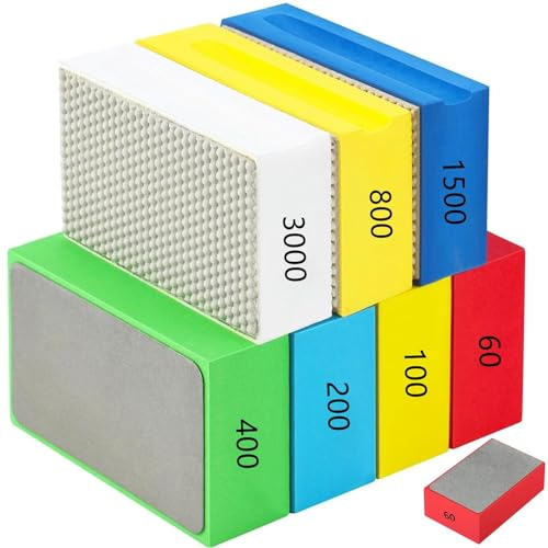 7 Pcs Diamond Hand Polishing Pads, Sanding Polishing Blocks with Foam Backing, Porcelain Sanding Tools Kit for Tile Glass Stone Marble Granite Ceramics Metal (60# 100# 200# 400# 800# 1500# 3000#)