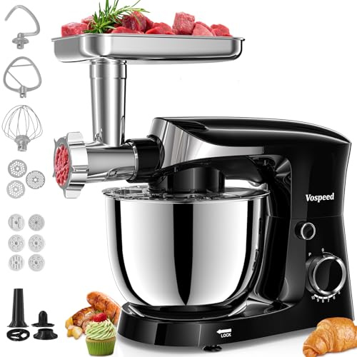 Vospeed 9-in-1 Stand Mixer, 1500W Electric Kitchen Mixer with 5.5L Bowl, Multifunctional Food Mixer for Cake, Bread, and Dough with Meat Grinder, Sausage Maker, Pasta & Cookie Attachments, Black