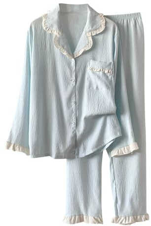 Women's Pyjama Sets Cotton Pjs Long Sleeve Pyjamas Set Soft Button Down Shirts Long Pants Sleepwear 2 Piece Loungewear Ladies Ruffle Nightwear Christmas Pajamas Sets Blue