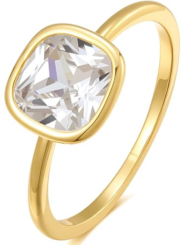 espere 2 Carat CZ Cushion Cut Bezel Set Solitaire Enagement Ring | Women's Thin Gold Promise Simple Bridal Ring Anniversary (Size 5)