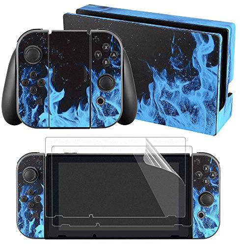 eXtremeRate Autocollant pour Nintendo Switch Manette,Sticker Skin pour Switch Console & Joycon & Dock avec 2 Protection d'Écran-Flamme Bleue