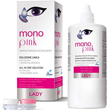 MonoPink Lady Soluzione Unica per Lenti a contatto. Con Acido ialuronico - 360 ml + Portalenti incluso