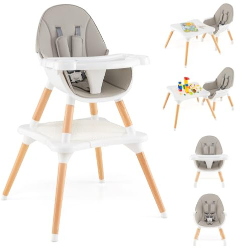 HONEY JOY Baby High Chair, 6-in-1 Convertible Wooden Highchair for Babies and Toddlers/Table Set/Toddler Chair with Safety Harness, 4-Position Removable Feeding Tray (Gray)