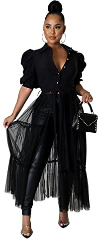Ekaliy Women Sexy Casual Short Sleeve Bodycon High Low Asymmetrical Ruffle Tunics Blouse Shirt Top Dress XL Black