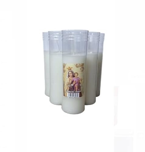 Pack de 6 velones V-11 con estampación de la virgen del Carmen envase de color blanco