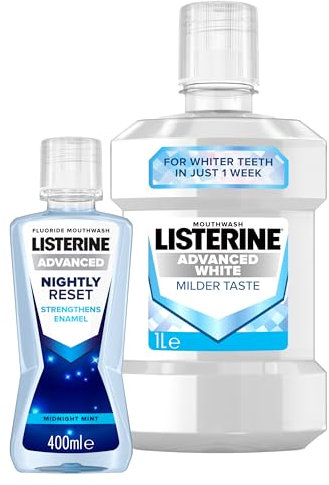 Listerine Advanced Nightly Reset Mouthwash (1x 400ml), Advanced White Milder Taste (1x 1L), Set of Two, Fluoride Mouthwash Set to Remineralise Tooth Enamel and Whiten Teeth