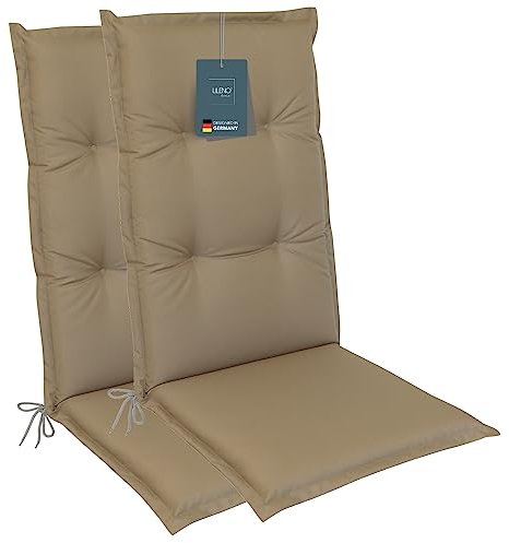 LILENO HOME Gartenstuhl Auflagen als [2er Set - Hochlehner] in Uni Taupe - Bequeme Liegen als Sitzauflagen für Gartenmöbel - Stuhlkissen für Gartenstühle und Klappstühle