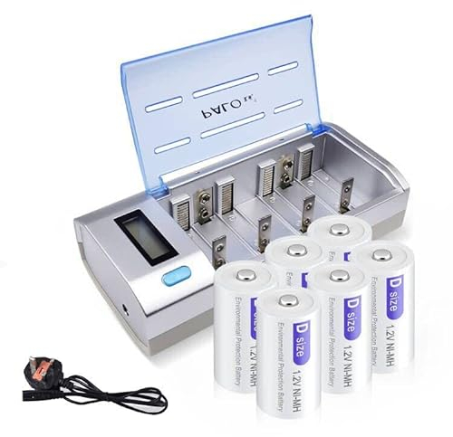 D Battery With Battery Charger LCD Display - 6 Pieces 8000 mAh D Rechargeable Batteries With Universal Battery Charger Fast For AA/AAA/C/D NIMH Batteries
