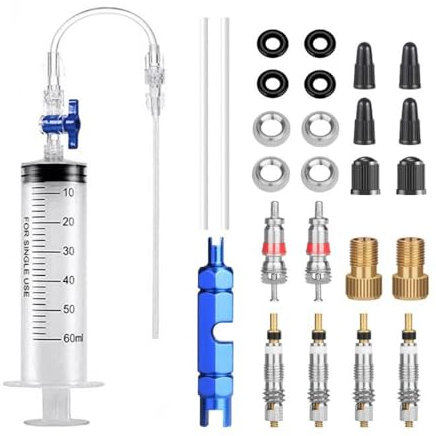 Yetaha 26PCS Bicycle Tubeless Tire Sealant Syringe Kit, 60ml Tubeless Tyre Sealant Injector with Presta Valve Core Removal Tool Valve Adapter/Core/Caps for MTB Bike for No Tubes&Other Sealants