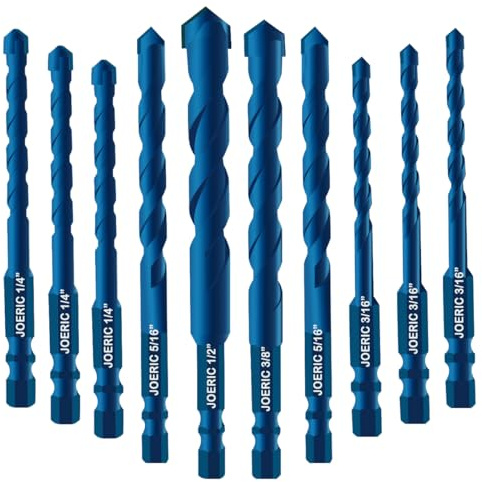 JOERIC 10PCS Blue Masonry Drill Bits, Concrete Drill Bit Ceramic Tile Drill Bit Set Tungsten Carbide Tipped Ceramic Tile Drill Bits for Concrete Brick Glass Plastic and Wood（3/16”-1/2”）
