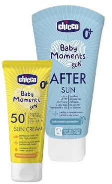 Chicco Set Protezione Solare da Viaggio, Crema Solare SPF50+ 75ML e Latte Doposole Rinfrescante 150ML, per la Pelle Sensibile del Bambino, Resistente all'Acqua, 0 Mesi+