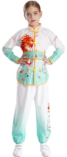 Xnihocha Mädchen Jungen Kung Fu Uniform Tai Chi Kampfkunst Kleidung Wushu Anzug Trainingsanzug Drache Gedruckt Tops Und Hose Hellgrün 134-140