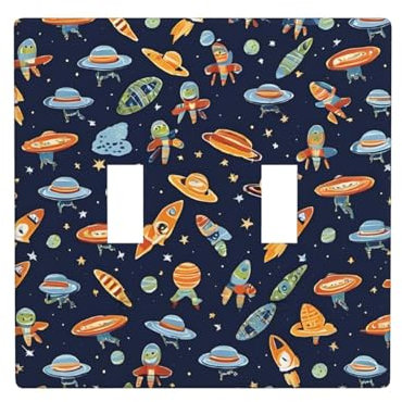 (Funny Astronaut Rocket) Double Toggle Switch Decorative Cover Plate 2 Gang Light Switch Wall Plate For Bedroom Kitchen Home Decor