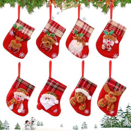 FainFun Nikolausstiefel Set, 8 Stück 16 * 12CM Weihnachtsstrumpf Deko Set, Nikolaussocken aus Jute Stoff, Weihnachtsstrumpf für Kamin, Nikolausstiefel Deko Rentier, Weihnachtsmann, Bär, Schneemann
