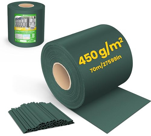 VOUNOT® Tiras de Pantalla de Privacidad de PVC 450g/m², Cinta de Protección Visual Impermeable Antiviento, Rollo de Valla Protectora Opaca de Cercas 70mx19cm con Clips para Jardín Balcón Terraza Verde