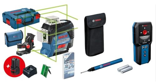 Bosch Professional 12V System Linienlaser GLL 3-80 CG (2x 12 V, Ladegerät, grüner Laser, App, Universalhalterung, Arbeitsbereich bis 30 m) & Ortungsgerät GMS 120-27 (max. Detektionstiefe 120 mm)