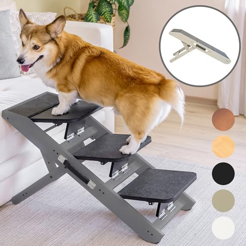 Escalones y Rampa para Perros 2-en-1 - Escalera/Rampa Ajustable en Altura para Sofá 18-50 cm - Escalones para Mascotas, Escalones para Perros Pequeños - con Plataforma de Aterrizaje, Gris