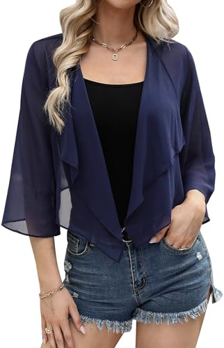 Aottori Womens Summer Bolero Cardigans Ladies 3/4 Sleeve Chiffon Shrugs Shawl Tops Lightweight Solid Casual Short Cardigan UK Navy XL