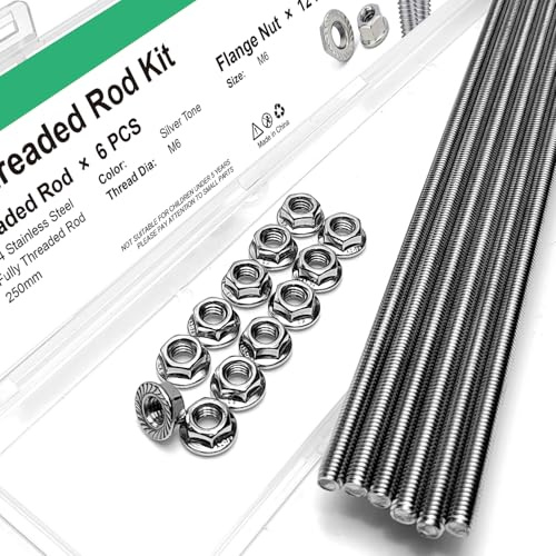 M6-1.0x250mm Fully Threaded Rod Studs, 304 Stainless Steel Long Threaded Screw Right Hand Threads, 6 Pack