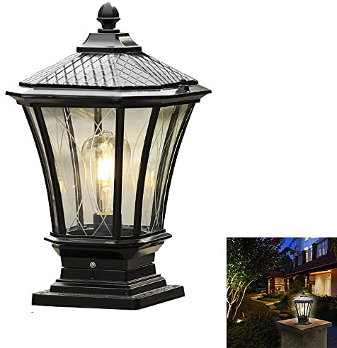 Lanterna quadrata per esterni, per patio, casa, vialetto, in metallo, E27, rotonda, per cancello da giardino, parco, garage, lanterna con porta in vetro, colonna, illuminazione da tavolo (nero)